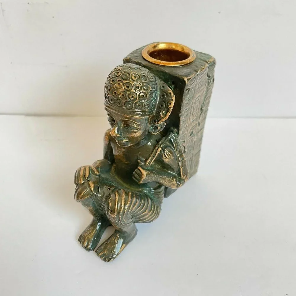 Hand Painted Egyptian Hieroglyphs Candlestick Candle Holder Pharaoh Decor MCM